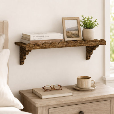 Scalloped Wood Wall Shelf, Rustic Floating Shelf with Brackets, Solid Paulownia Wood Display Shelf