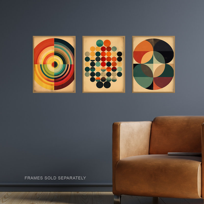 Bauhaus Mid Century Modern Abstract Geometric Circles - 3 Piece No Frame Print Set, 29.7cm H x 21cm W x 0.4cm D