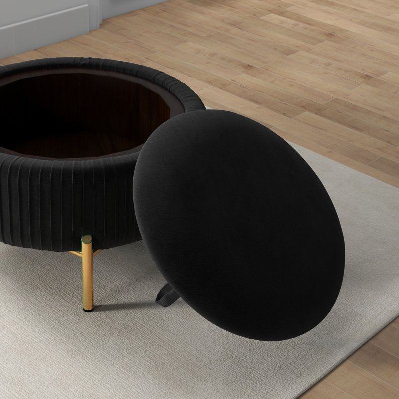 Chynna Upholstered Round Storage Ottoman, Black
