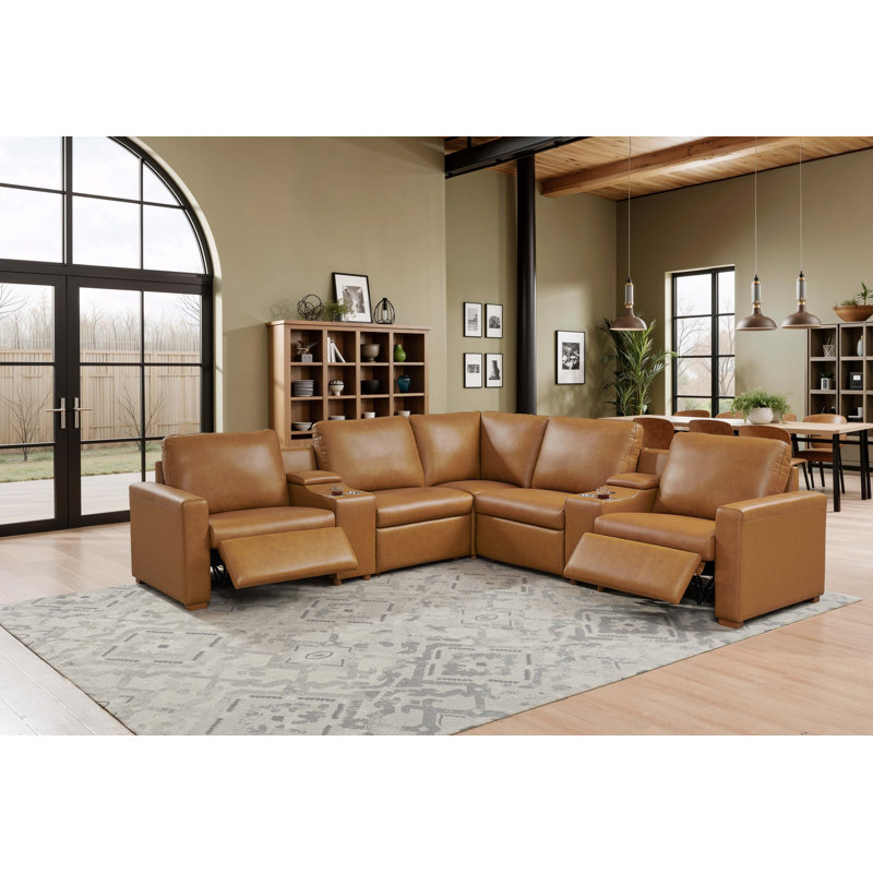 132" W Hudson Recliner Leather-Matched Sectional, Yellow Leather Match