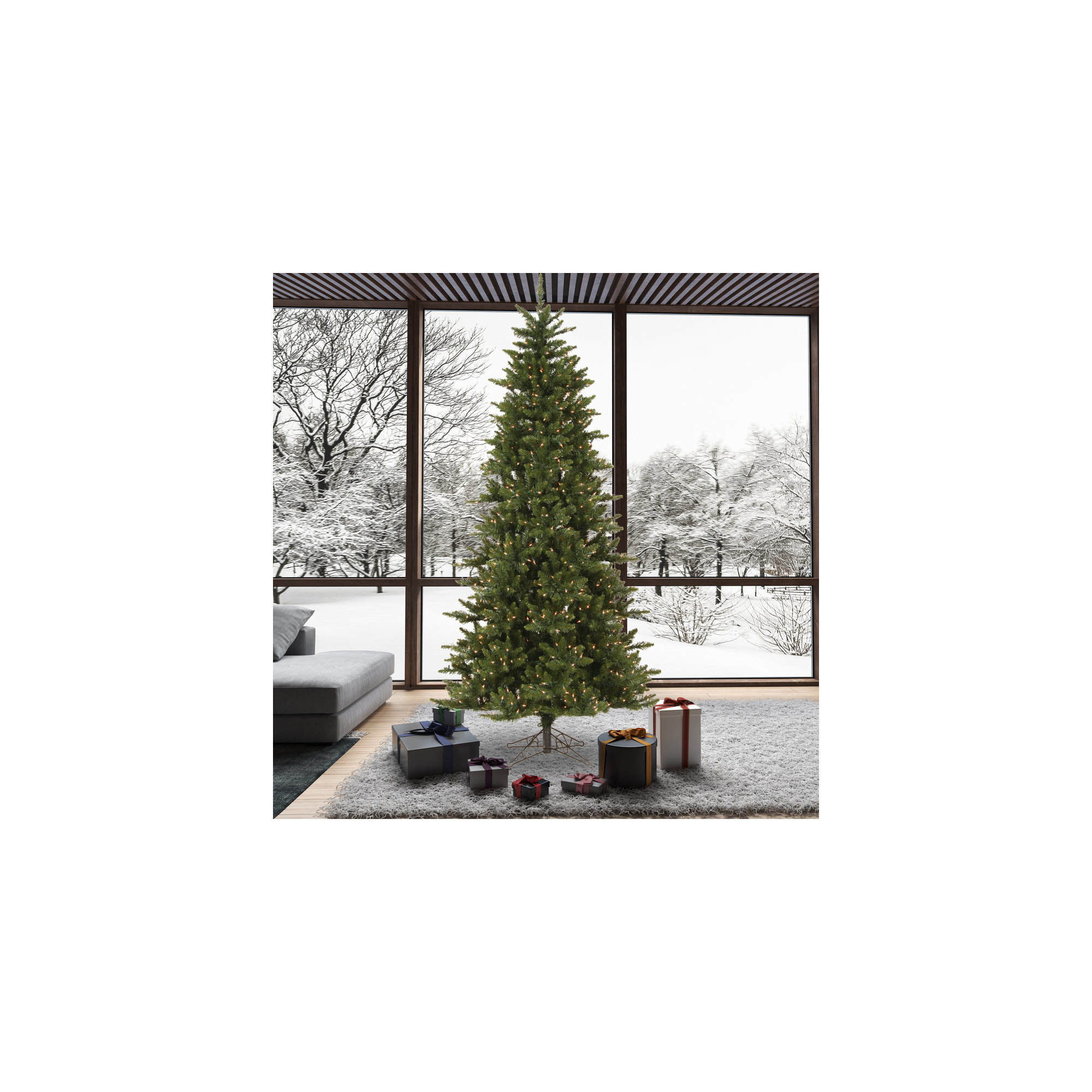 Peabody Fir Slim Artificial Christmas Tree, 12' H, Clear Lights, Pre-Lit