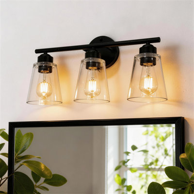 Luminaire de salle de bain 19 po à 3 lumières noires avec abat-jour conique en verre transparent, luminaire de salle de bain traditionnel