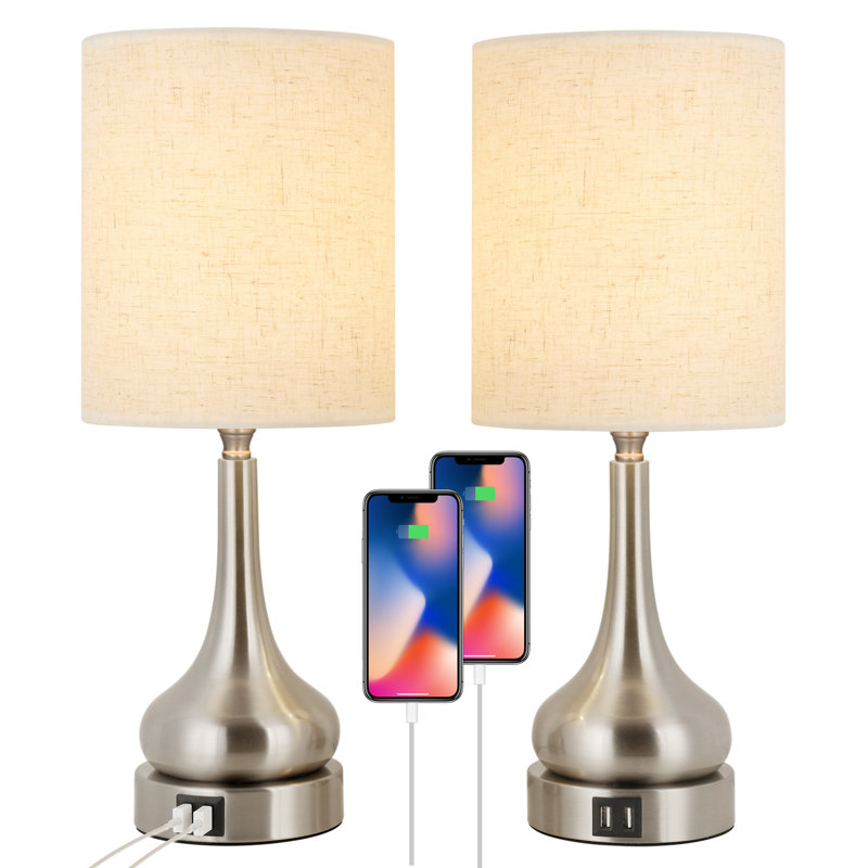 Deux ensembles de lampe de table gourde avec base en nickel sable et abat-jour en lin 2USB