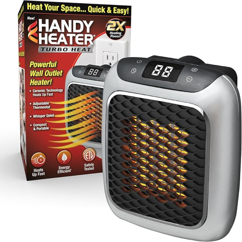 Ontel Handy Heater Turbo Heat 800W Wall Outlet Small Space Heater With Adjustable Thermostat, Programmable 12-Hour Timer, Auto Shut Off - Quiet  Space-Saving Ceramic Mini Heater (Packaging May Vary)