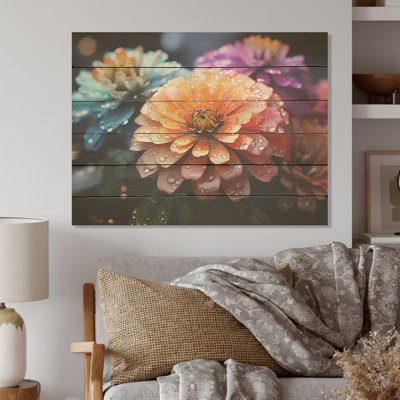 Zinnias Illuminated By Moonlight - Zinnias Wood Panel Wall Art On Natural Pine Wood