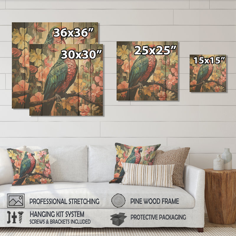 Faucon bleu et rose dans un arbre tropical II - perroquet sur bois, H 36 po x l 36 po