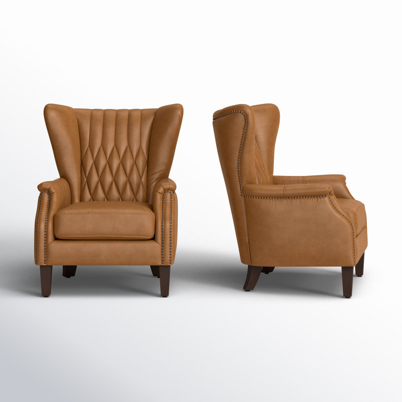 Ameliah Genuine Leather Wingback Chair, Camel Genuine Leather
