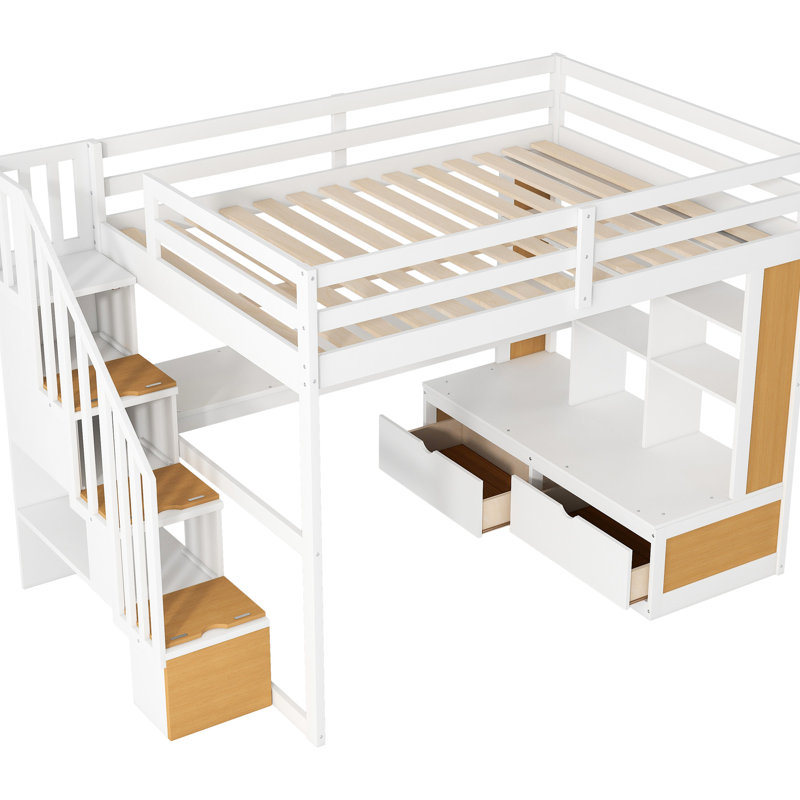 Lit mezzanine double avec bureau, tablettes, tiroirs