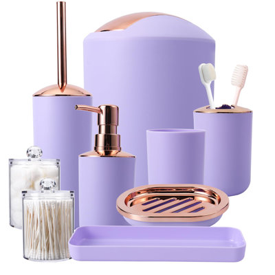 Bathroom Accessories Set 9 Piece - Trash Can, Soap Dispenser And Dish, Toilet Brush, Toothbrush Holder, Tumbler, Tray, Cotton Swab Container, Countertop Organizer Decor And Housewarming Gift