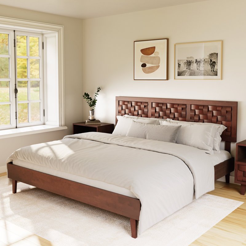 Solid Rubber Wood Dark Walnut Bedframe No Box Spring Needed,800lbs Capacity, Dark Walnut, King