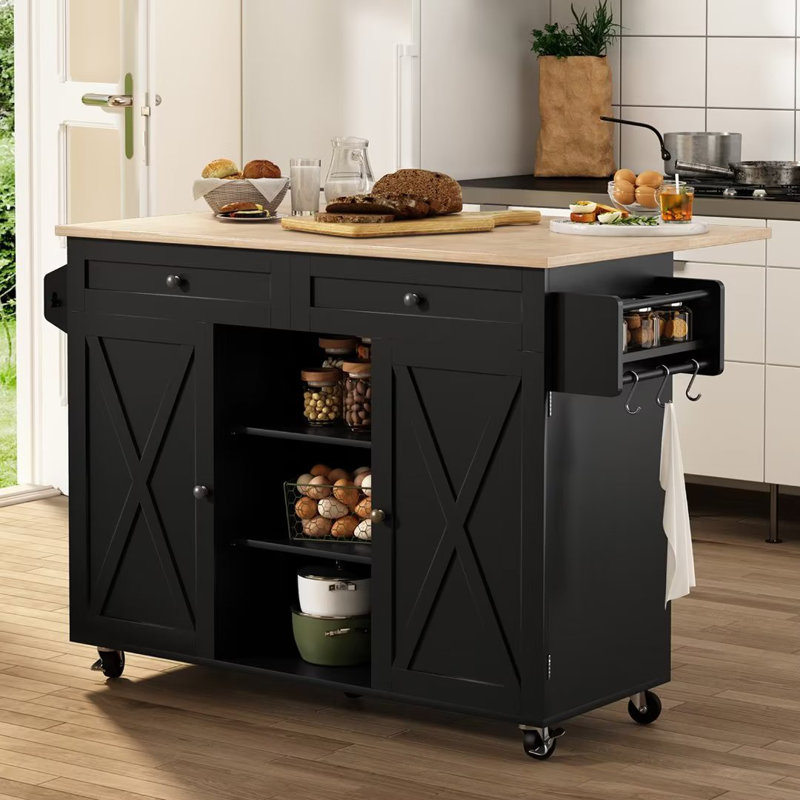 Jaye 51.7" Kitchen Island on Wheels with Storage Cabinet with Drop Leaf Countertop, Black