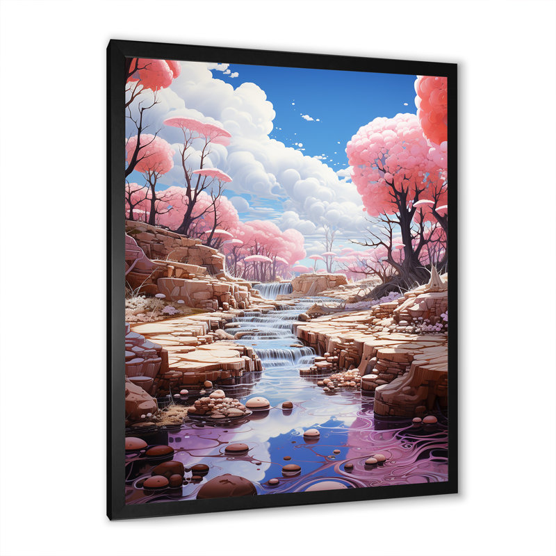 «Kawaii Landscape Pink Geyser Dream», reproduction sur toile, Cadre simple noir, H 32 po x l 16 po x P 1 po