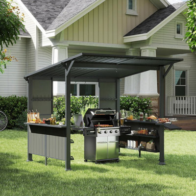Pavillon de jardin à toit rigide de 9 pi x 10 pi, pavillon de barbecue incliné vers l'extérieur avec tablettes de rangement et plateforme d'extension, pavillon de barbecue à toit rigide en acier galvanisé pour terrasse de jardin