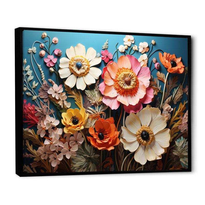 «White Pink Wildflowers Natures Symphony III», reproduction d'art sur toile, Cadre flottant noir, H 24 po x l 32 po x P 1 po