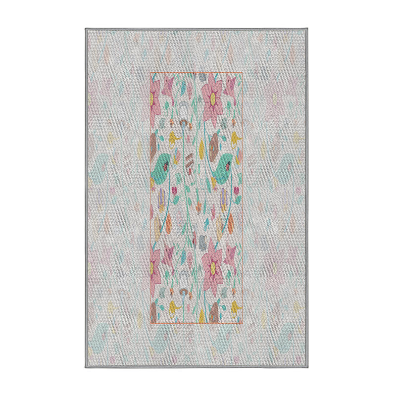 Tapis beige/vert/rose tissé à la machine, Rectangle 7 pi x 10 pi
