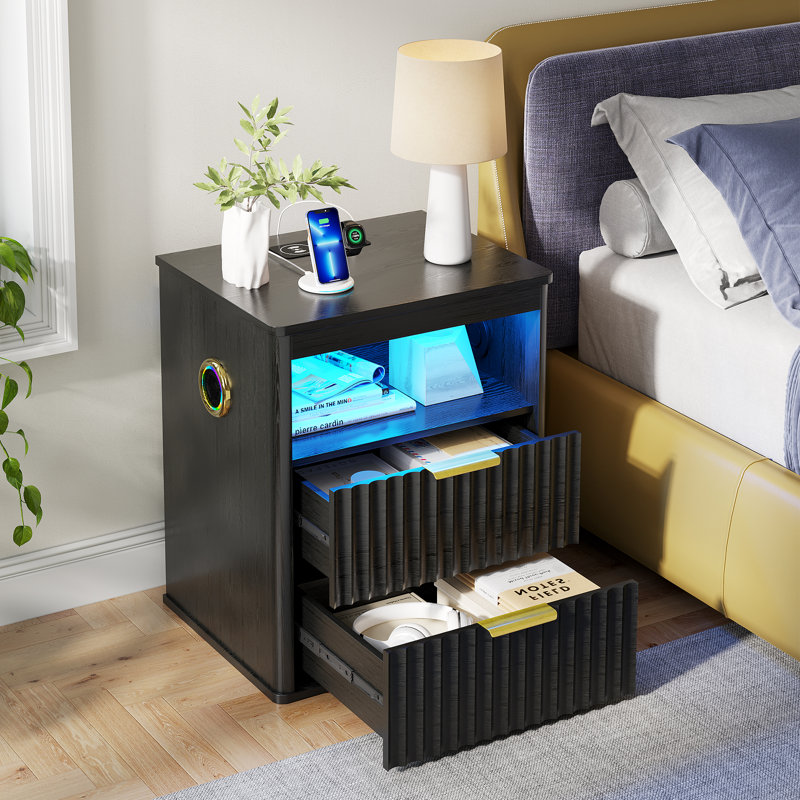 Table de chevet 19,7 po avec haut-parleur Bluetooth, capteur de mouvement, lumières DEL et charge sans fil, Noir