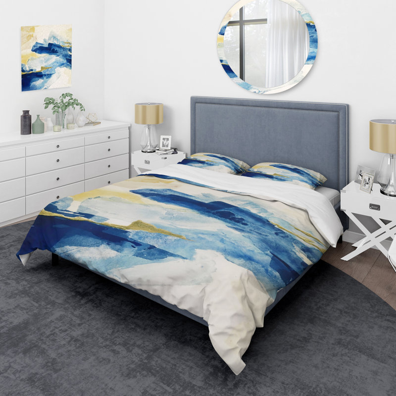Metallic Gold Indigo II - Modern Glam Duvet Cover Set - Microfiber Polyester, Full/Queen Duvet Cover + 2 Shams