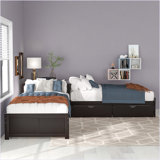 L-Shaped Platform Bed With Trundle And Drawers Linked With Built-In Desk