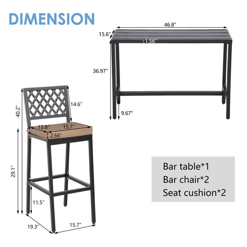 2 - Person Patio Dining Set with Rectangular Table , Cushions Included, Black, 46.8" L x 15.6" D x 36.97" H
