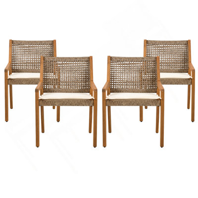 ENSEMBLE DE CHAISE DE SALLE À MANGER EXTÉRIEURE-Bois d'acacia et osier avec mobilier de patio à coussin crème-Finition teck et brun wicke, convient aux grands rassemblements-ensemble de 4 (N770P272397G (2 boîtes))