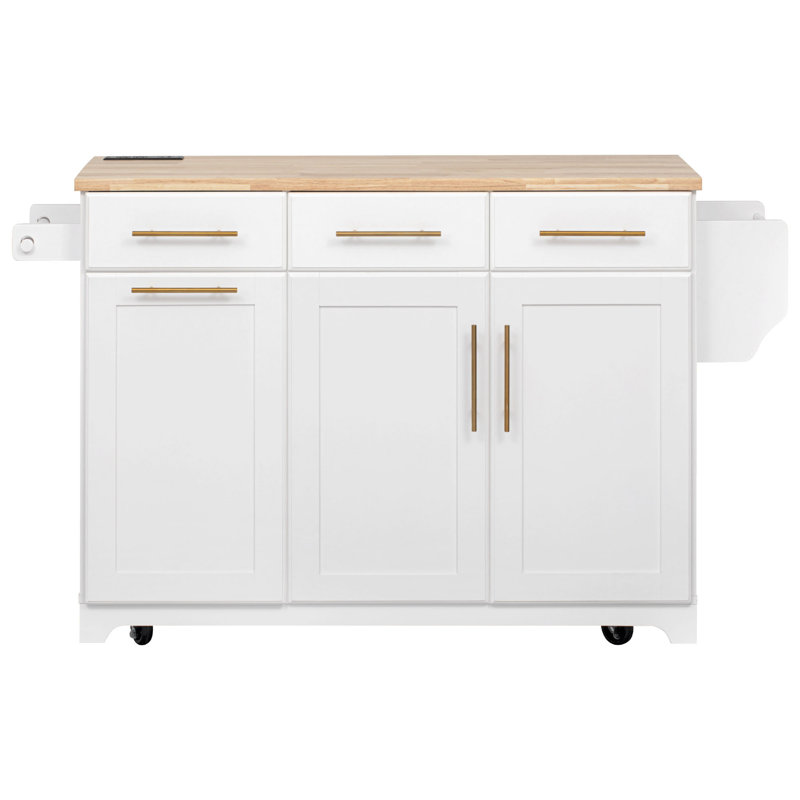 59.3" Kitchen Island With Storage 2 Pull Out Cabinet Organizers & Rubber Wood Drop Leaf, Rolling Kitchen Island With Trash Can Storage, Power Outlet, Spice & Towel Rack For Kitchen, Dining, 