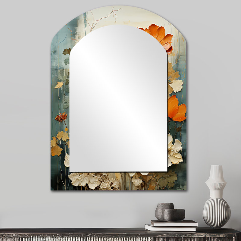 Natures symphonie - miroir décoratif en arc Collages abstraits, miroir mural asymétrique jaune, impression sur métal