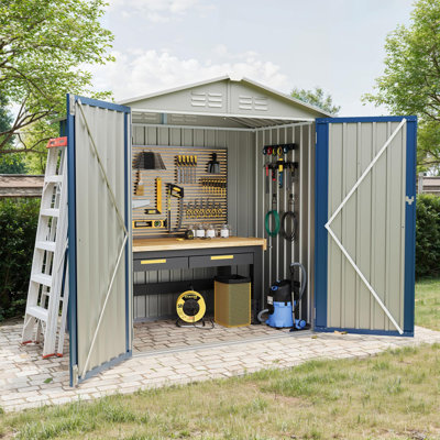 5x3 ft Outdoor Storage Shed with Sloping Roof and Lockable Door, Blue Metal Garden Tool Shed