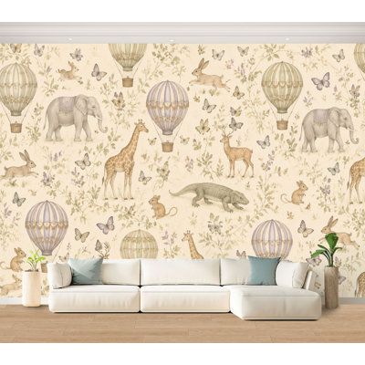 Papier peint adhésif autocollants, ballons à air chaud, botanique, style aquarelle rétro, papier autocollant amovible, décoration murale pour salon, chambre à coucher H 100 po x l 144 po