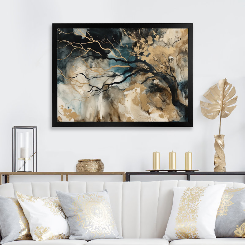 Blue Beige Marbré Dreamscape II - impressions géométriques abstraites sur toile, H 12 po x l 20 po x P 1 po, Cadre photo noir