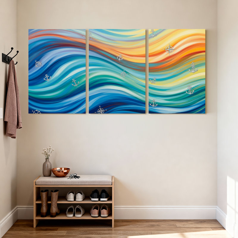 Nautique et plage, vagues de l'océan colorées avec ancres et boussoles, ensemble de 3 impressions sur toile