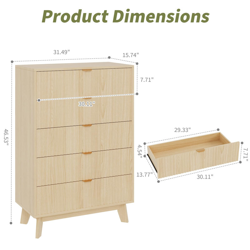 Commode 5 tiroirs, commode moderne Mid-Century 32 po, table d'appoint cannelée Waveform, organisateur de tiroir en bois pour le salon de la chambre à coucher, couloir, chêne naturel