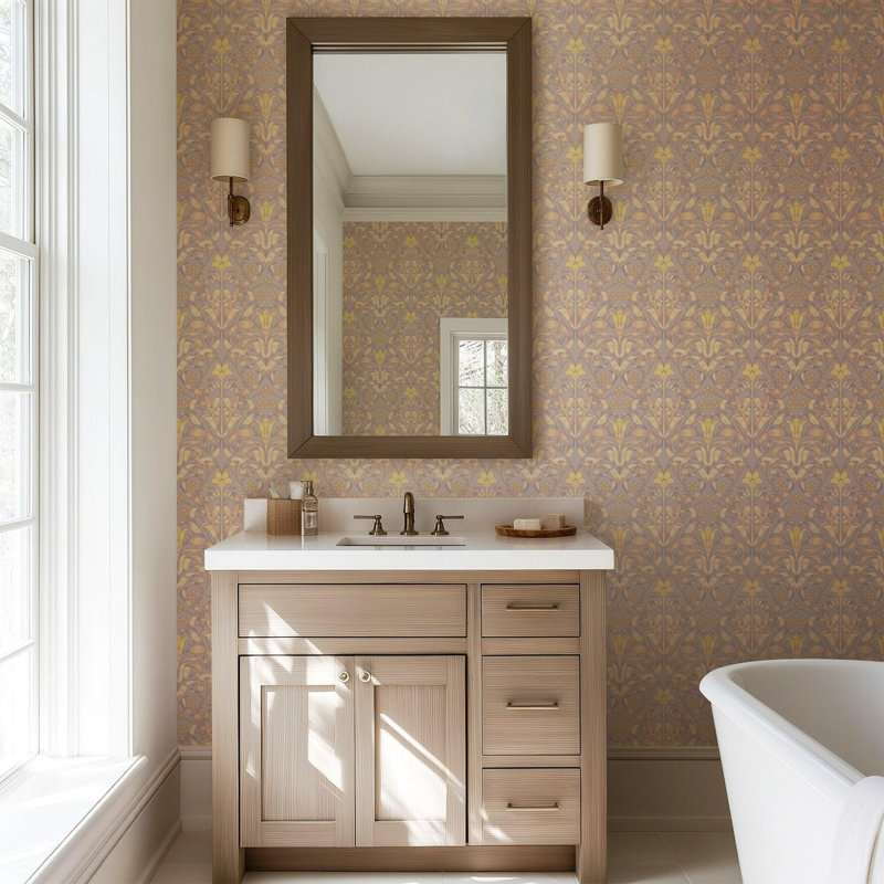 Ribbon Lily - Wallpaper, Dusty Lilac, Faux Grasscloth, Non-Pasted