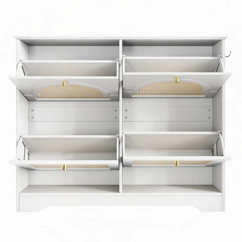 Armoire à chaussures avec 4 tiroirs rabattables, organisateur de chaussures d'entrée élégant avec 4 portes en rotin, Blanc