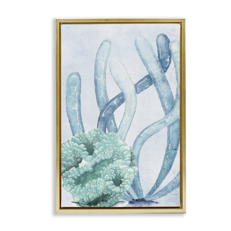 Art mural sur toile bleu pastel Coral Days, design par Kim Allen, H 25 po x l 17 po, Cadre flottant métallique doré