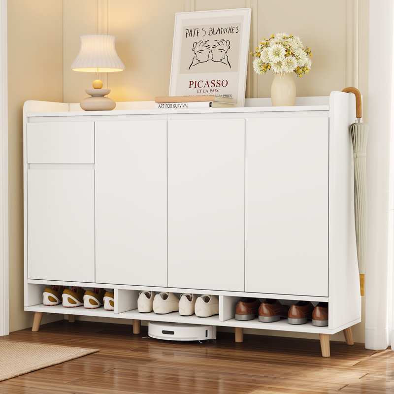 Sleek Contemporary Shoe Cabinet With Adjustable Shelves And Solid Wood Legs, White, White