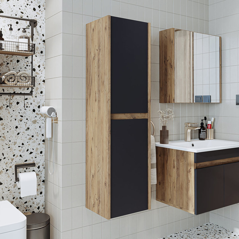 Ruarie Tall Bathroom Towel Storage Cabinet,  Anthracite/Oak