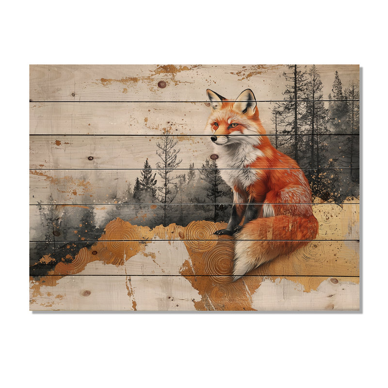 «Silent Fox In Forest Landscape II» - Décoration murale animal en bois de renard - sur bois de pin naturel, H 30 po x l 40 po
