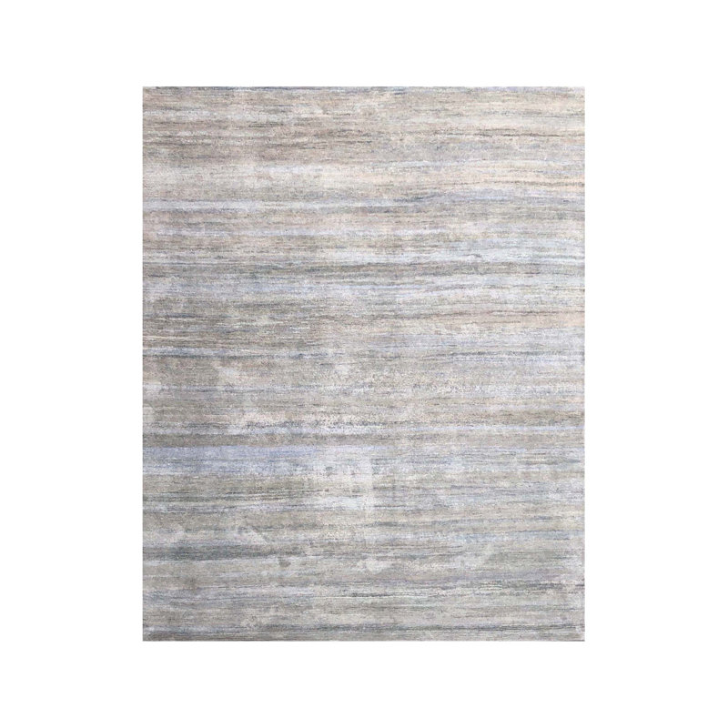 Tapis beige en soie noué à la main de conception unique 8 pi x 9 pi 11 po Labuguen