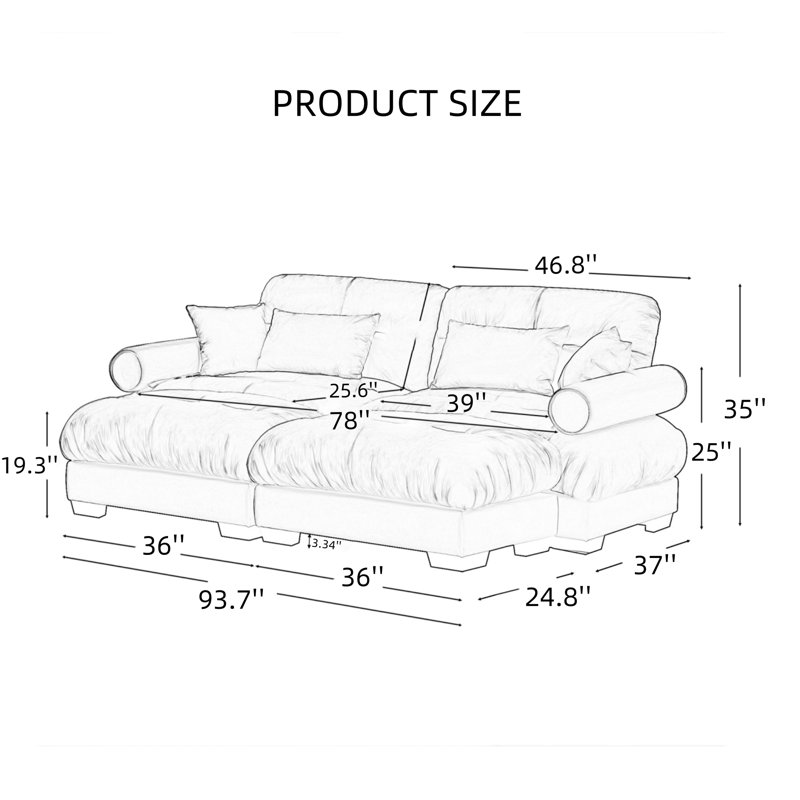 Canapé double surdimensionné en velours moderne avec accoudoirs rembourrés ronds et repose-pieds avec coussins lombaires et coussins décoratifs