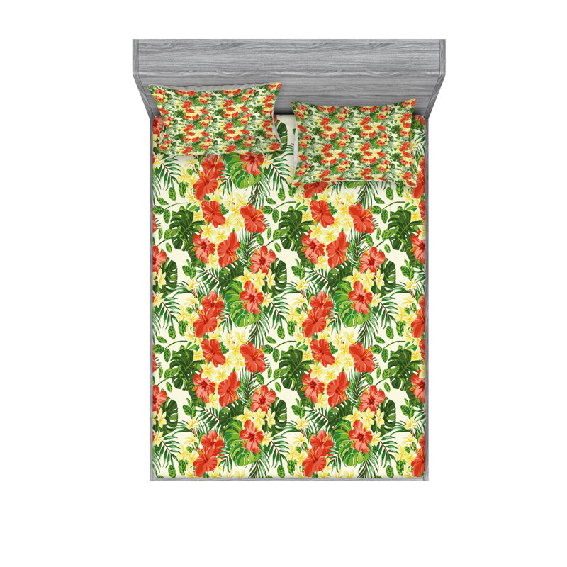 Microfiber Floral Sheet Set, Queen Sheet Set with Fitted Sheet, Exotic with Plumeria Hibiscus Floral