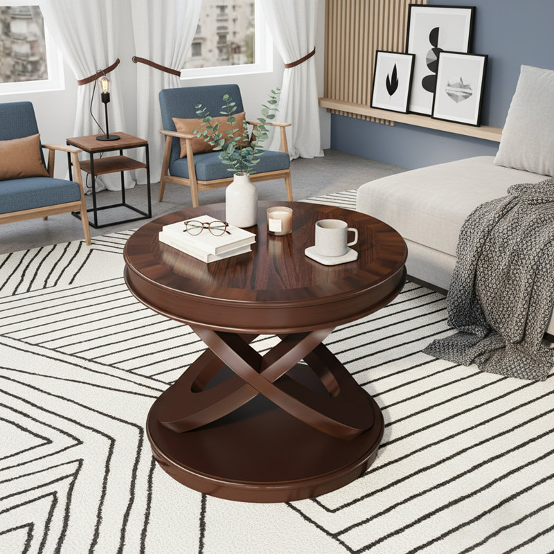 Retro Round Wooden End Table With X-Shape Base, Perfect For Family Dining Or Living Room, Walnut