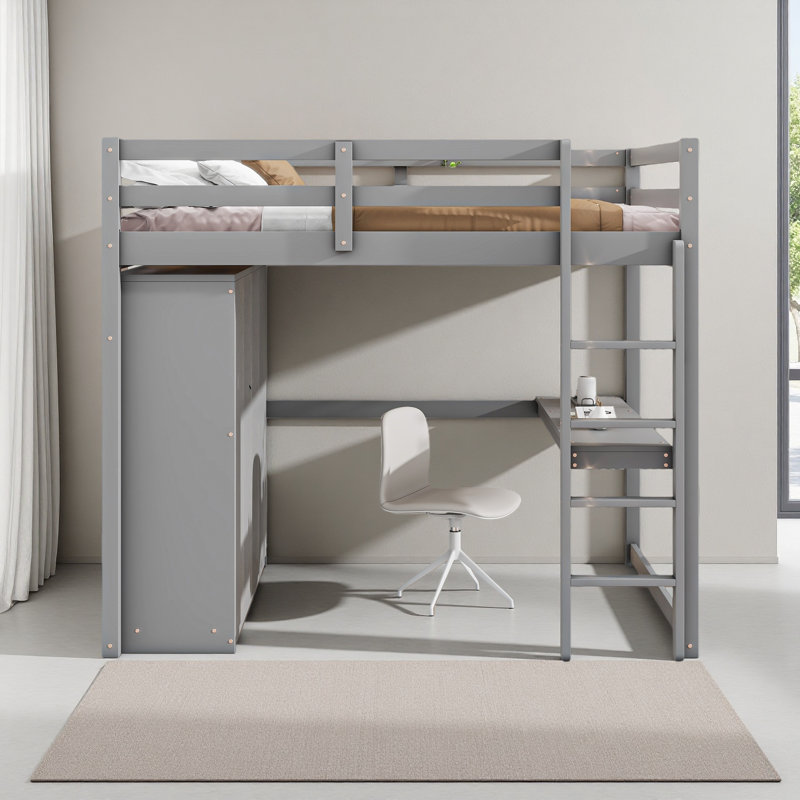 Lit mezzanine double en bois avec garde-robe intégrée, bureau, tablettes de rangement et tiroirs, Gris
