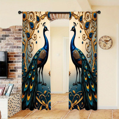 2Pcs Elegant Peacock Curtains, Blue Gold Pattern, Rod Pocket Light Filtering, Luxurious Art Deco Style, All-Season For Living Room Bedroom Home Decor