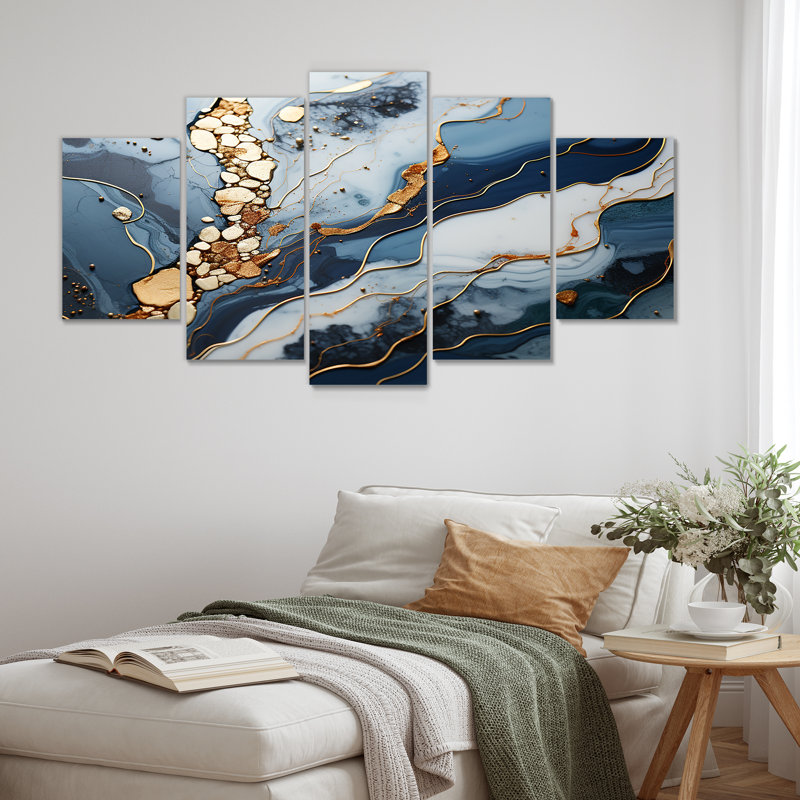 «Blue and Gold Marble River II - Abstract Marble Multipanel», art mural