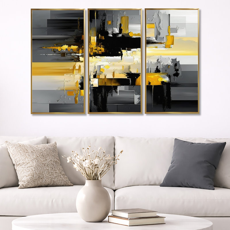 Abstrait géométrique noir et jaune en V - impression de 3 pièces, Encadrement doré, L 48 po x H 32 po