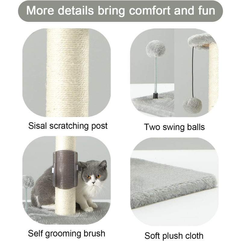 32" Tall Light Gray Sisal Cat Scratching Post with Hanging Ball and Brush
