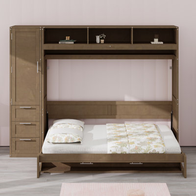 Lit escamotable à rangements multiples avec garde-robe, tiroirs et tablettes ouvertes