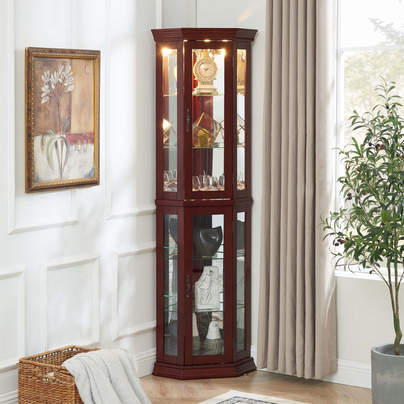 Corner Curio Cabinet With Lights, Adjustable Tempered Glass Shelves, And Mirrored Back For Displaying Collectibles