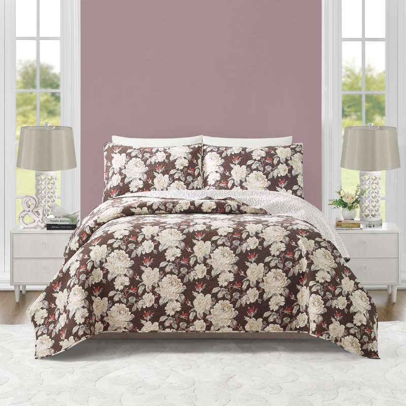King Size Brown Cotton Floral Quilt Set with Shams