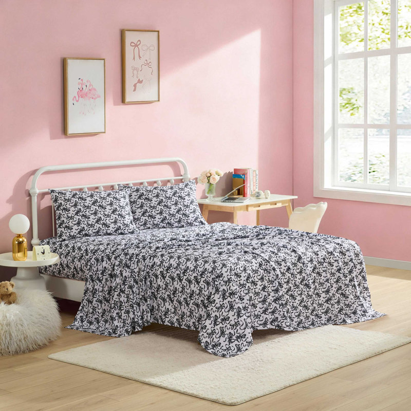 Betsey Johnson Printed Novelty Sheet Sets, Ballet Bows Gray, Queen Sheet Set with 2 Standard Pillowcases